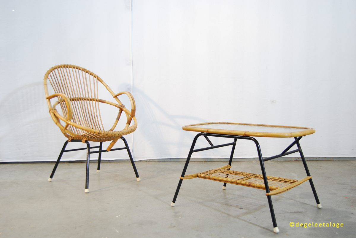 Vintage jaren 60 fauteuil rotan tafel Rohé Noordwolde | DE GELE ETALAGE
